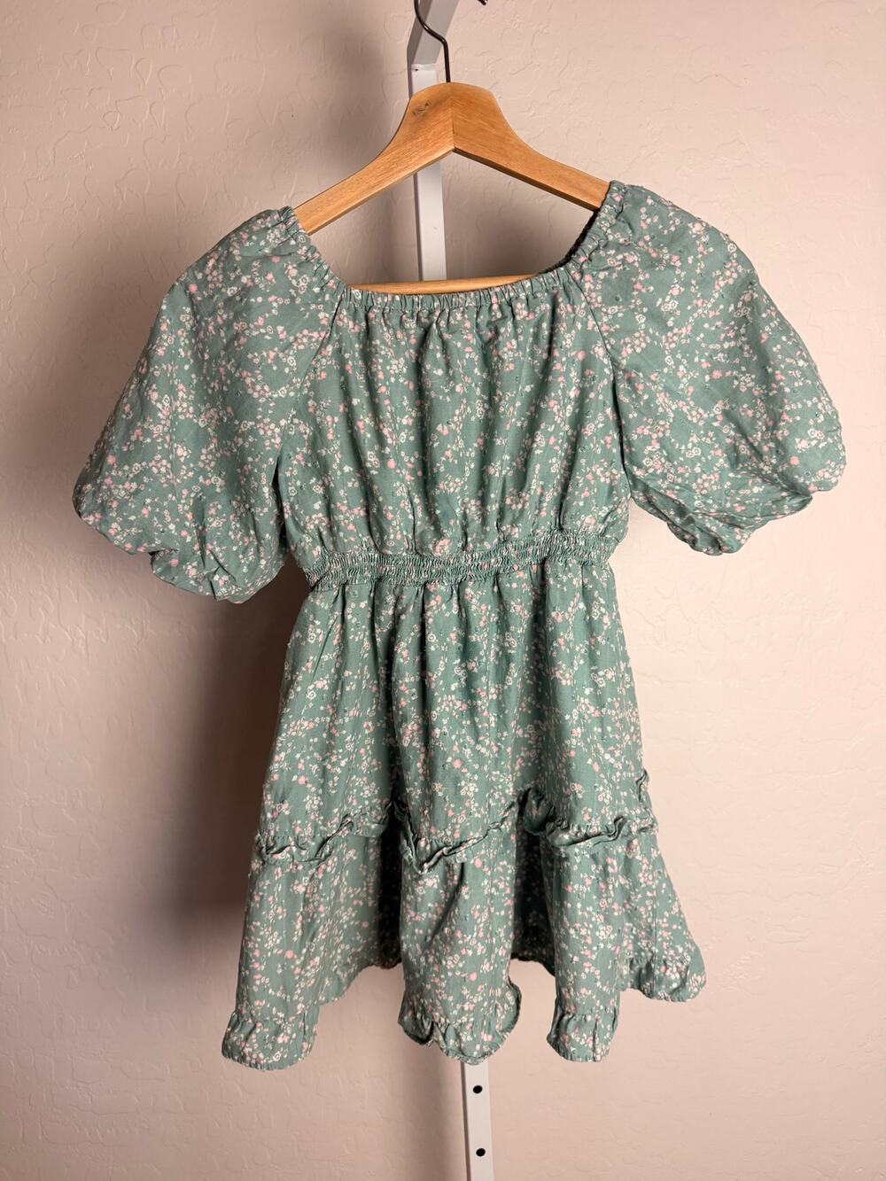 Cat & Jack Girls Floral Peasant Dress Green Puff Sleeve Size Medium 8 Cotton